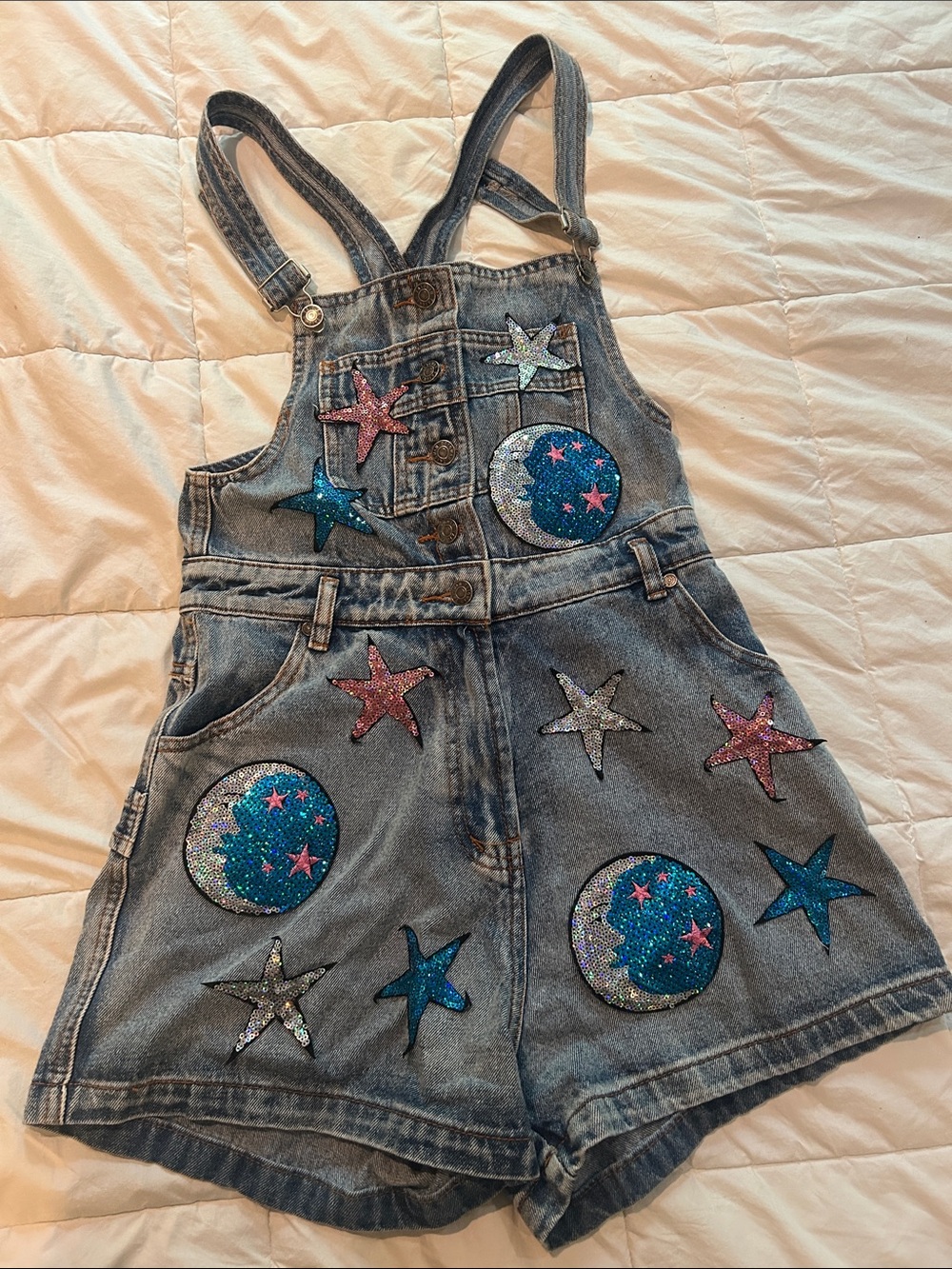 L.F Denim Short Overalls with Glitter Star & Planet Patches - Blue/pink/silver